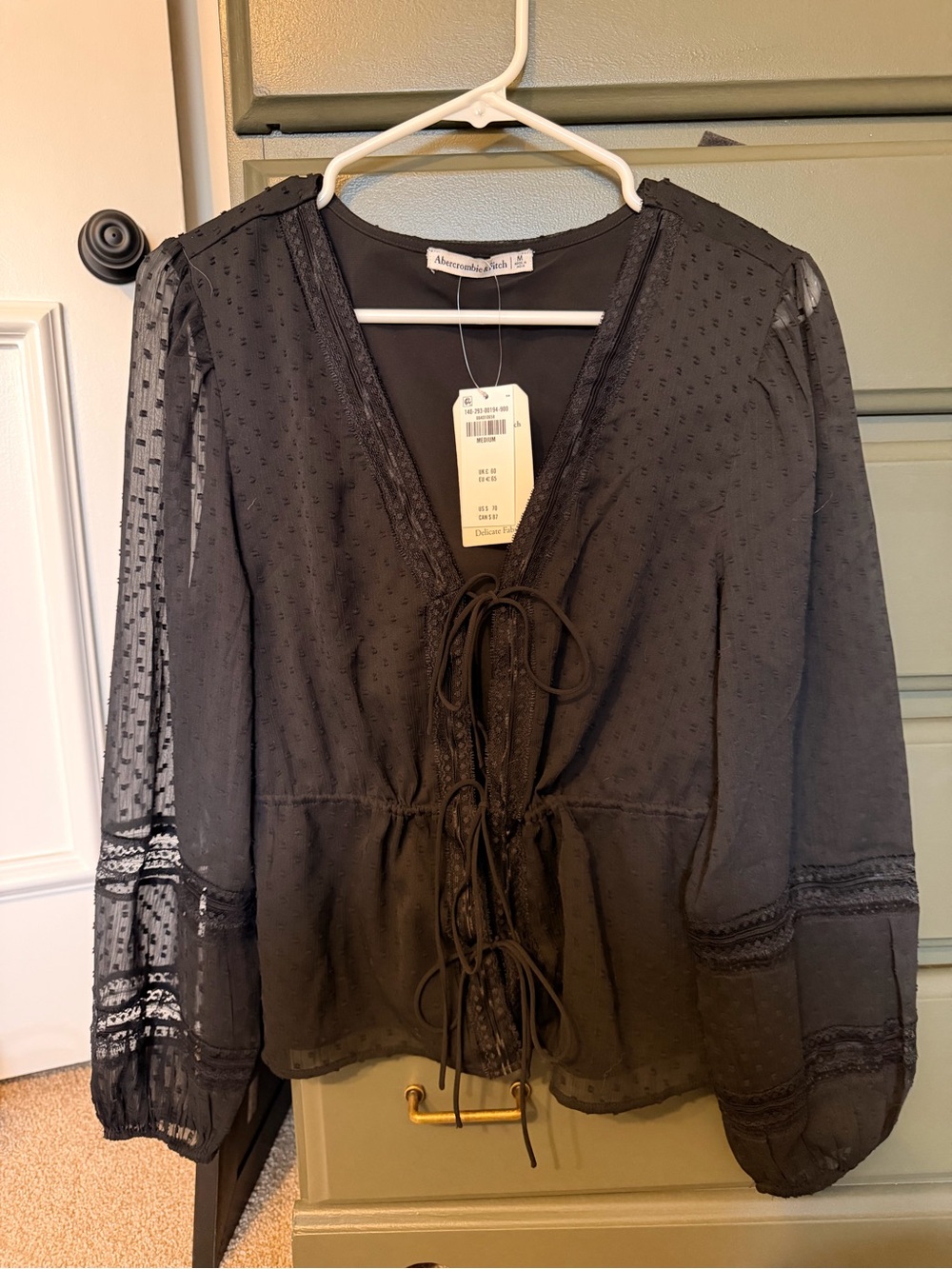 Abercrombie & Fitch Black Sheer Dot-Textured Tie-Front Blouse
